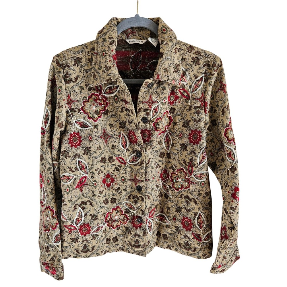 Vintage Laura Ashley Woman SZ M Brocade Embroidered Floral Jacket Buttons 90's